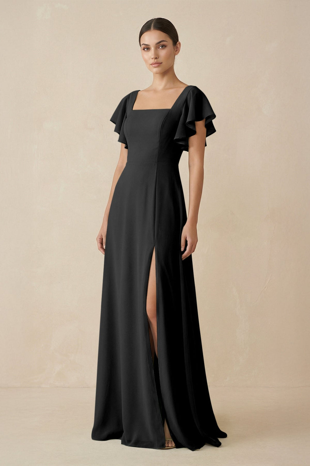 Chiffon A - Line Long Bridesmaid Dress with Flutter Sleeves in Black - SHE IS ME Bridesmaid Dresses