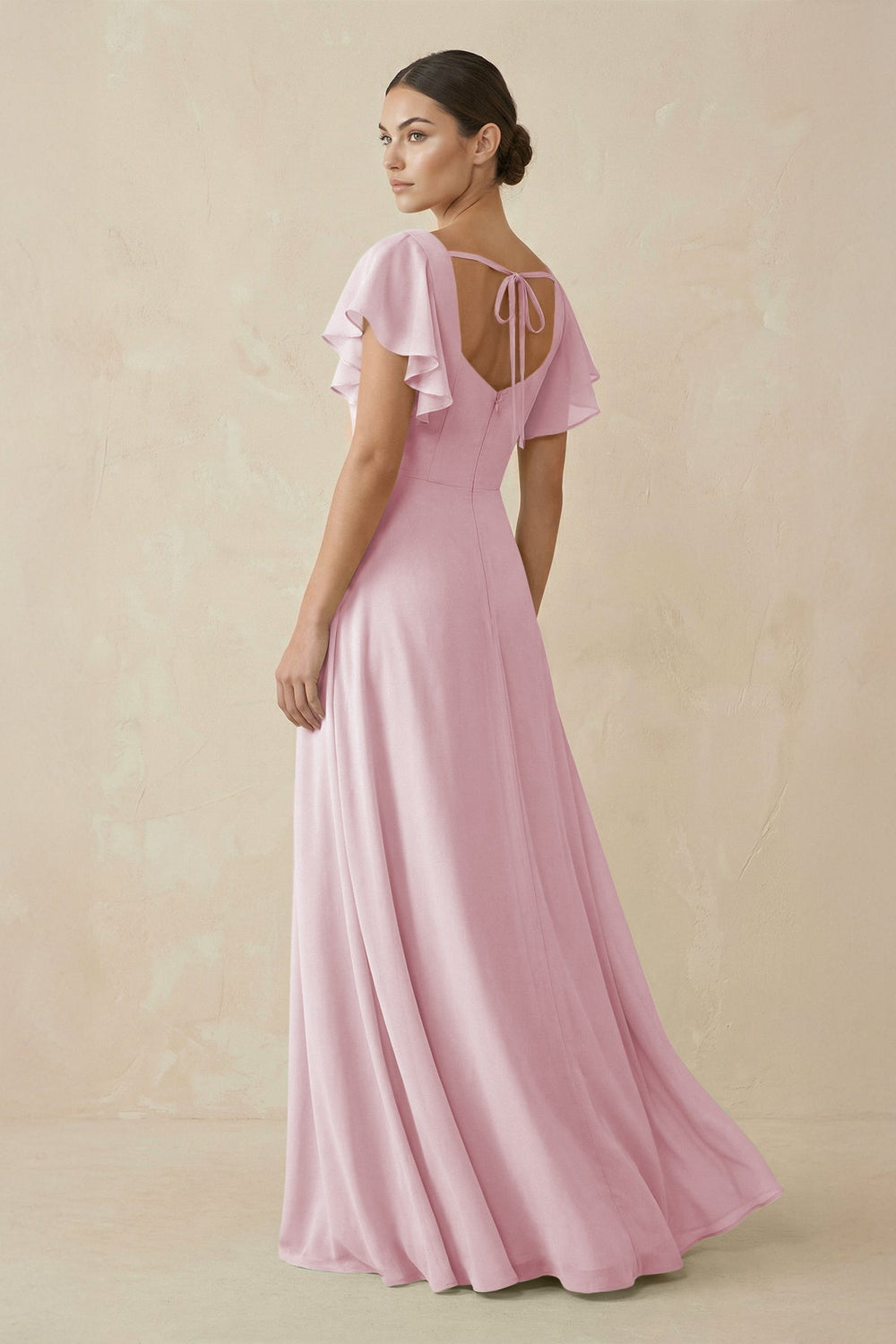 Chiffon A - Line Long Bridesmaid Dress with Flutter Sleeves in Candy Pink - SHE IS ME Bridesmaid Dresses