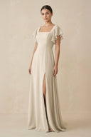 Chiffon A - Line Long Bridesmaid Dress with Flutter Sleeves in Champagne - SHE IS ME Bridesmaid Dresses