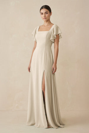 Chiffon A - Line Long Bridesmaid Dress with Flutter Sleeves in Champagne - SHE IS ME Bridesmaid Dresses