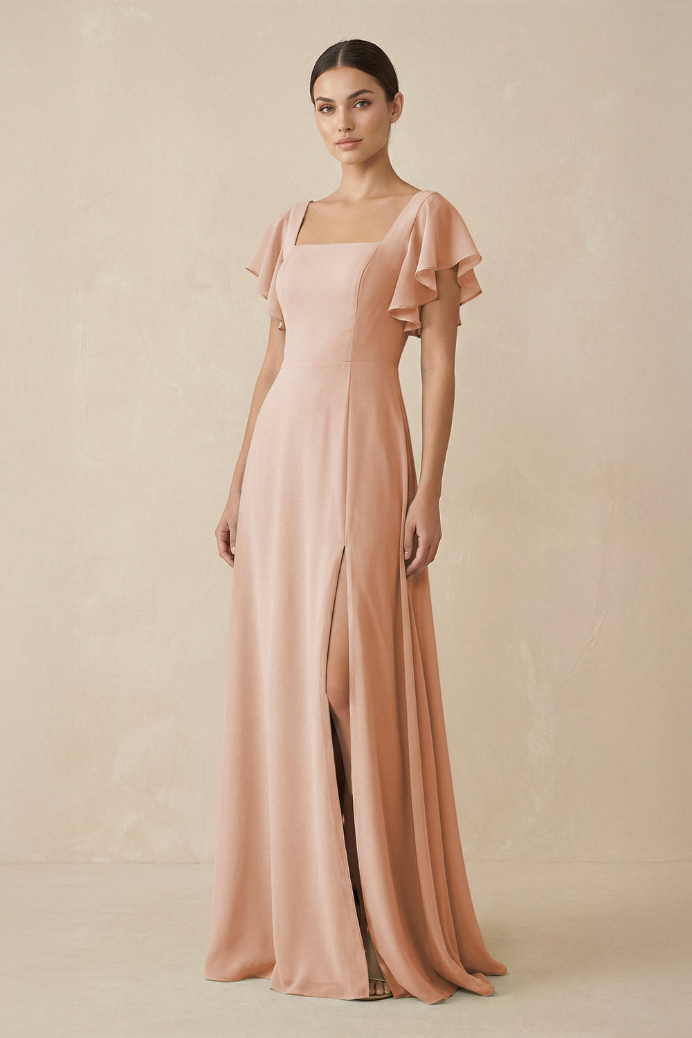 Chiffon A - Line Long Bridesmaid Dress with Flutter Sleeves in Champagne Rose - SHE IS ME Bridesmaid Dresses