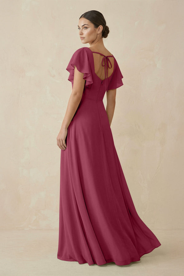 Chiffon A - Line Long Bridesmaid Dress with Flutter Sleeves in Desert Rose - SHE IS ME Bridesmaid Dresses