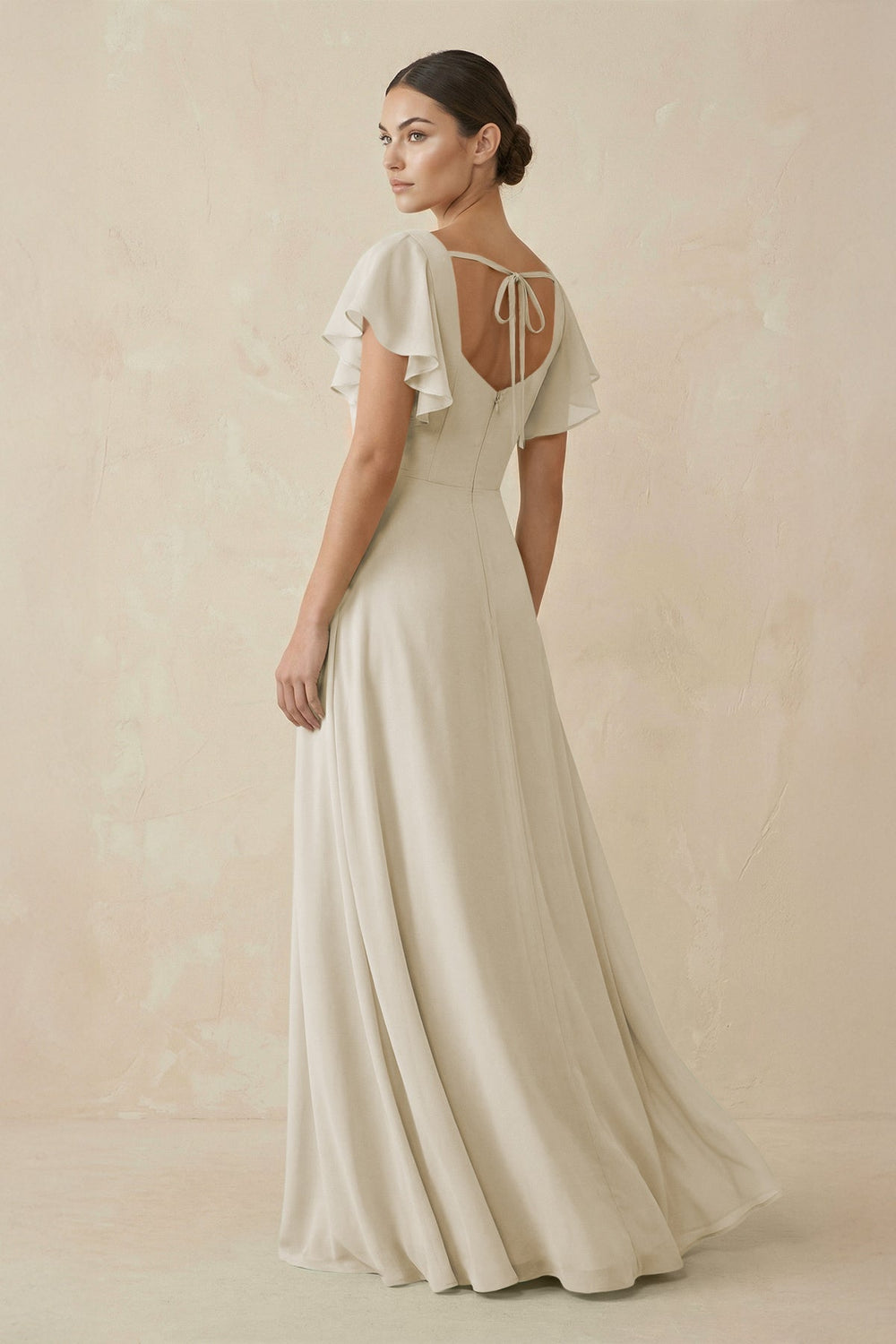 Chiffon A - Line Long Bridesmaid Dress with Flutter Sleeves in Dove Gray - SHE IS ME Bridesmaid Dresses