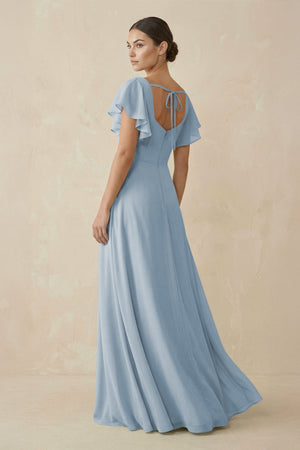 Chiffon A - Line Long Bridesmaid Dress with Flutter Sleeves in Dusty Blue - SHE IS ME Bridesmaid Dresses