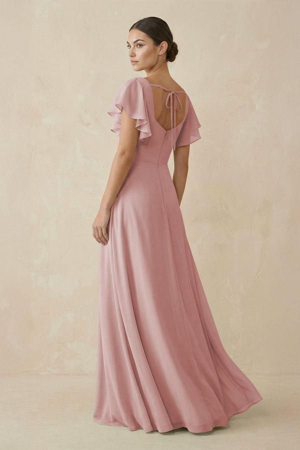 Chiffon A - Line Long Bridesmaid Dress with Flutter Sleeves in Dusty Rose - SHE IS ME Bridesmaid Dresses