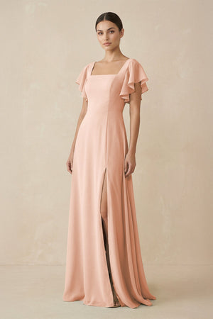 Chiffon A - Line Long Bridesmaid Dress with Flutter Sleeves in English Rose - SHE IS ME Bridesmaid Dresses