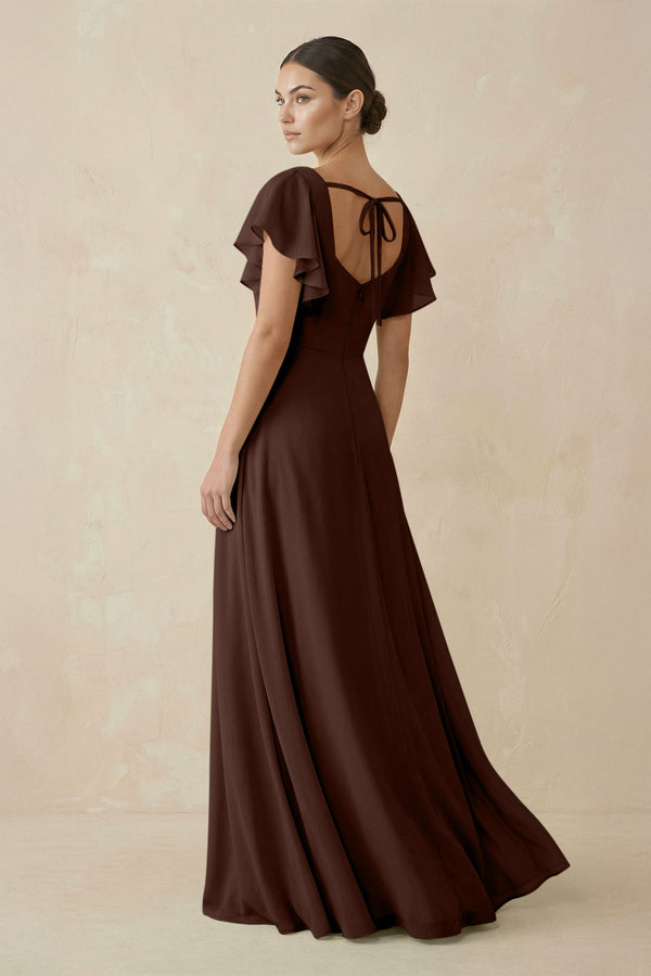 Chiffon A - Line Long Bridesmaid Dress with Flutter Sleeves in Espresso - SHE IS ME Bridesmaid Dresses