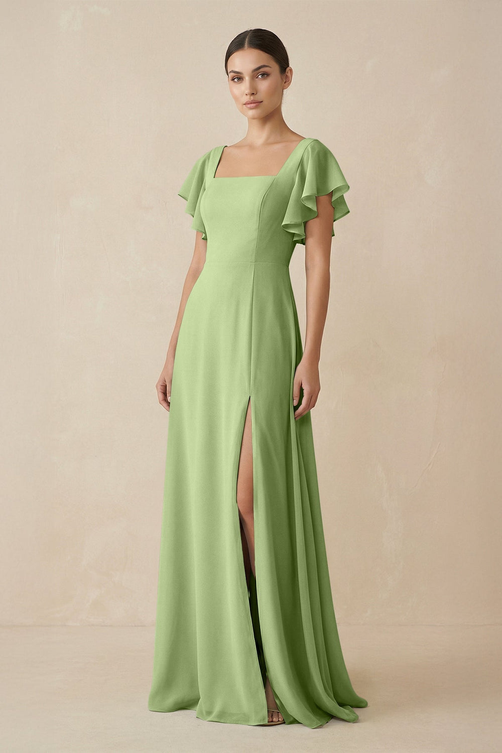 Chiffon A - Line Long Bridesmaid Dress with Flutter Sleeves in Matcha - SHE IS ME Bridesmaid Dresses