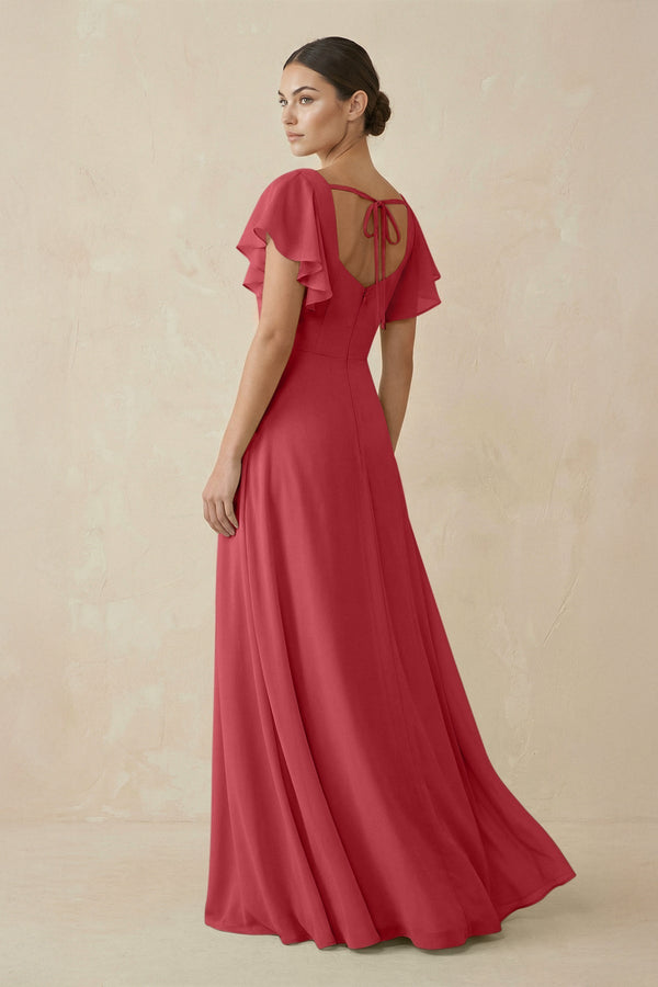 Chiffon A - Line Long Bridesmaid Dress with Flutter Sleeves in Merlot - SHE IS ME Bridesmaid Dresses