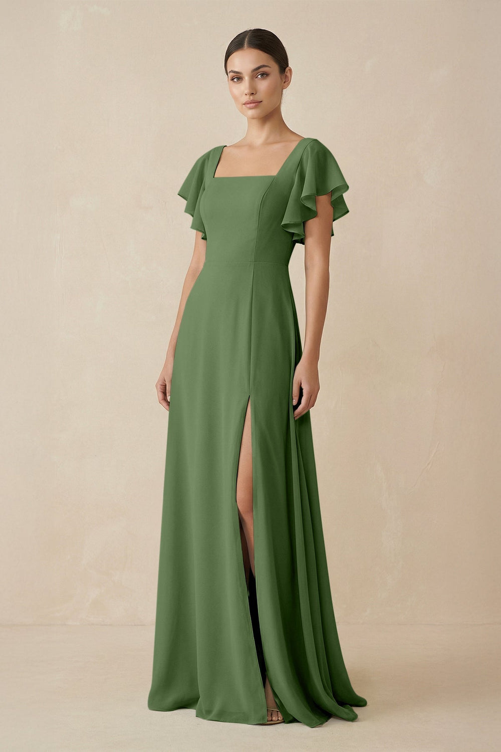 Chiffon A - Line Long Bridesmaid Dress with Flutter Sleeves in Moss - SHE IS ME Bridesmaid Dresses