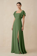 Chiffon A - Line Long Bridesmaid Dress with Flutter Sleeves in Moss - SHE IS ME Bridesmaid Dresses