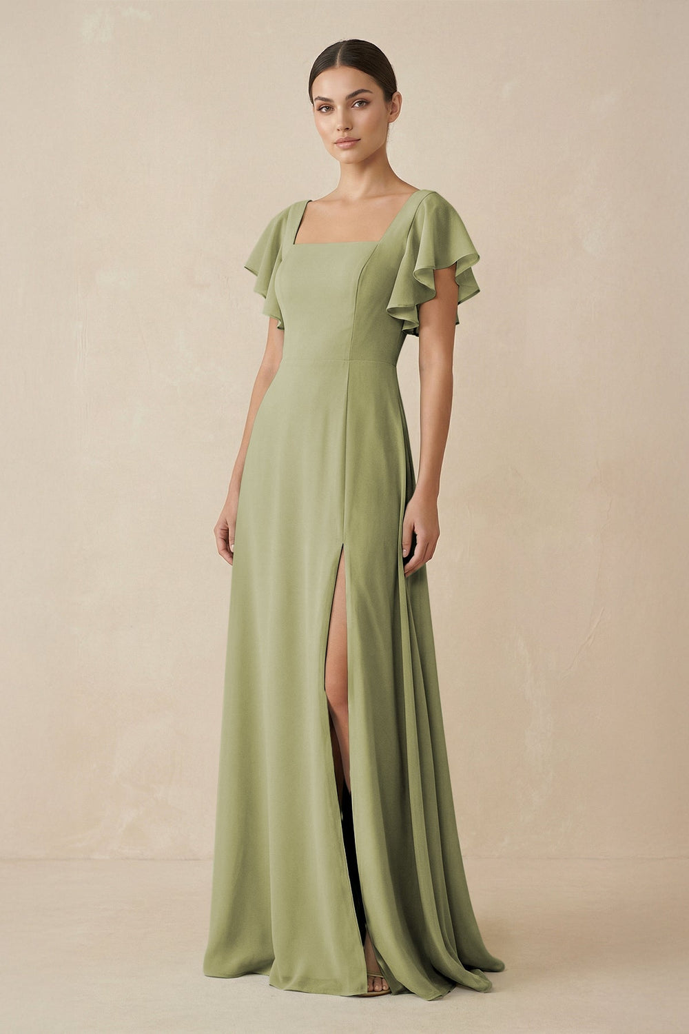 Chiffon A - Line Long Bridesmaid Dress with Flutter Sleeves in Moss Green - SHE IS ME Bridesmaid Dresses