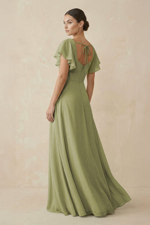 Chiffon A - Line Long Bridesmaid Dress with Flutter Sleeves in Moss Green - SHE IS ME Bridesmaid Dresses
