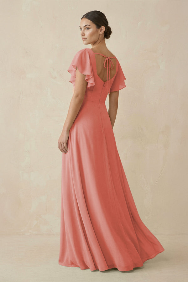 Chiffon A - Line Long Bridesmaid Dress with Flutter Sleeves in Mulberry - SHE IS ME Bridesmaid Dresses
