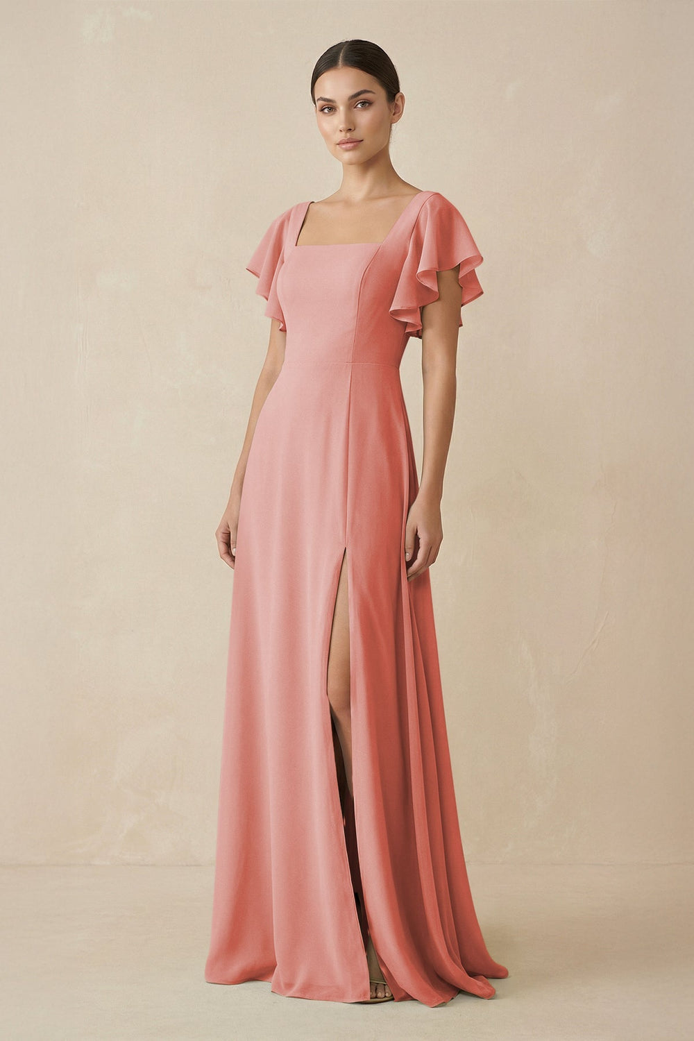 Chiffon A - Line Long Bridesmaid Dress with Flutter Sleeves in Mulberry - SHE IS ME Bridesmaid Dresses