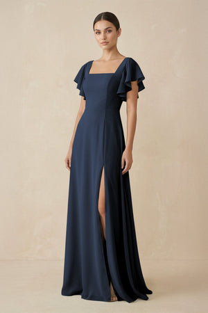 Chiffon A - Line Long Bridesmaid Dress with Flutter Sleeves in Navy - SHE IS ME Bridesmaid Dresses