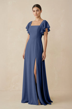 Chiffon A - Line Long Bridesmaid Dress with Flutter Sleeves in Navy - SHE IS ME Bridesmaid Dresses