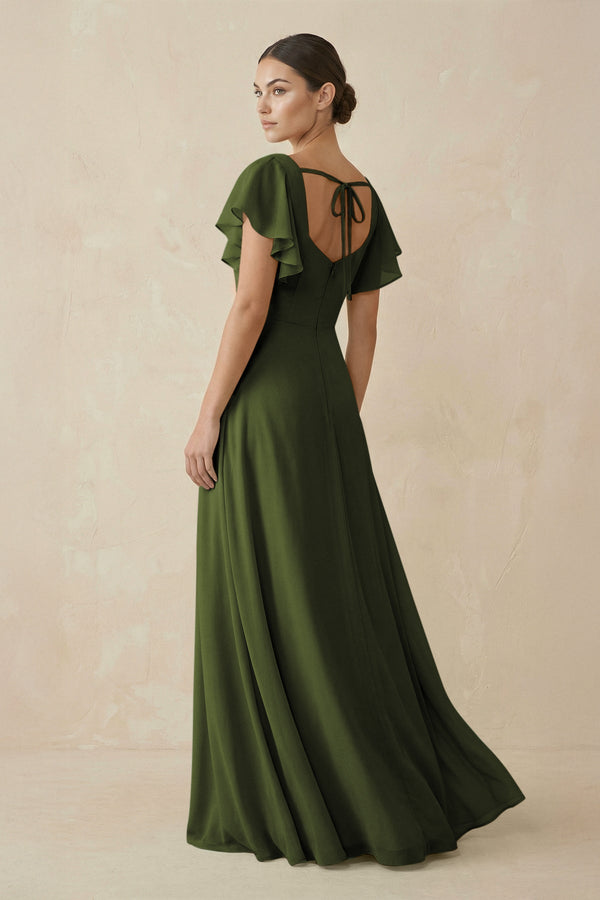 Chiffon A - Line Long Bridesmaid Dress with Flutter Sleeves in Olive - SHE IS ME Bridesmaid Dresses