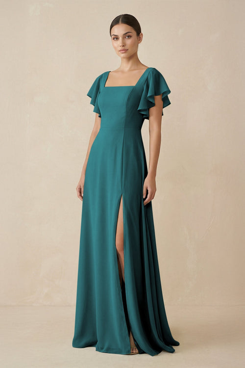 Chiffon A - Line Long Bridesmaid Dress with Flutter Sleeves in Pine - SHE IS ME Bridesmaid Dresses