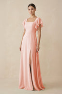 Chiffon A - Line Long Bridesmaid Dress with Flutter Sleeves in Rose Petal - SHE IS ME Bridesmaid Dresses