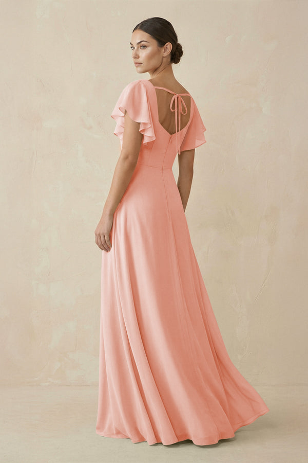 Chiffon A - Line Long Bridesmaid Dress with Flutter Sleeves in Rose Petal - SHE IS ME Bridesmaid Dresses