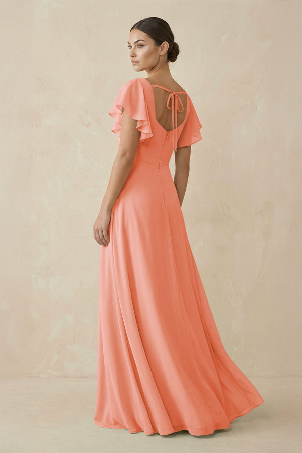 Chiffon A - Line Long Bridesmaid Dress with Flutter Sleeves in Rosette - SHE IS ME Bridesmaid Dresses