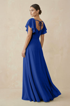 Chiffon A - Line Long Bridesmaid Dress with Flutter Sleeves in Royal Blue - SHE IS ME Bridesmaid Dresses