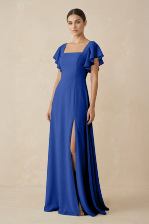 Chiffon A - Line Long Bridesmaid Dress with Flutter Sleeves in Royal Blue - SHE IS ME Bridesmaid Dresses