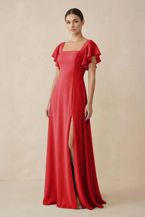 Chiffon A - Line Long Bridesmaid Dress with Flutter Sleeves in Ruby Red - SHE IS ME Bridesmaid Dresses