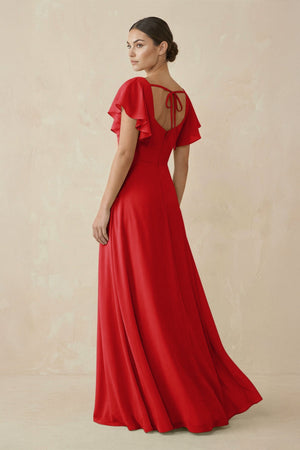 Chiffon A - Line Long Bridesmaid Dress with Flutter Sleeves in Ruby Red - SHE IS ME Bridesmaid Dresses