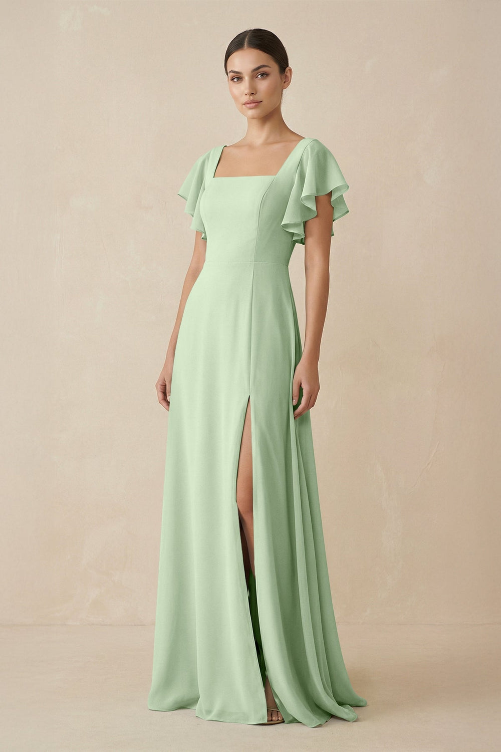 Chiffon A - Line Long Bridesmaid Dress with Flutter Sleeves in Sage - SHE IS ME Bridesmaid Dresses
