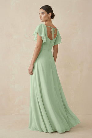 Chiffon A - Line Long Bridesmaid Dress with Flutter Sleeves in Sage - SHE IS ME Bridesmaid Dresses