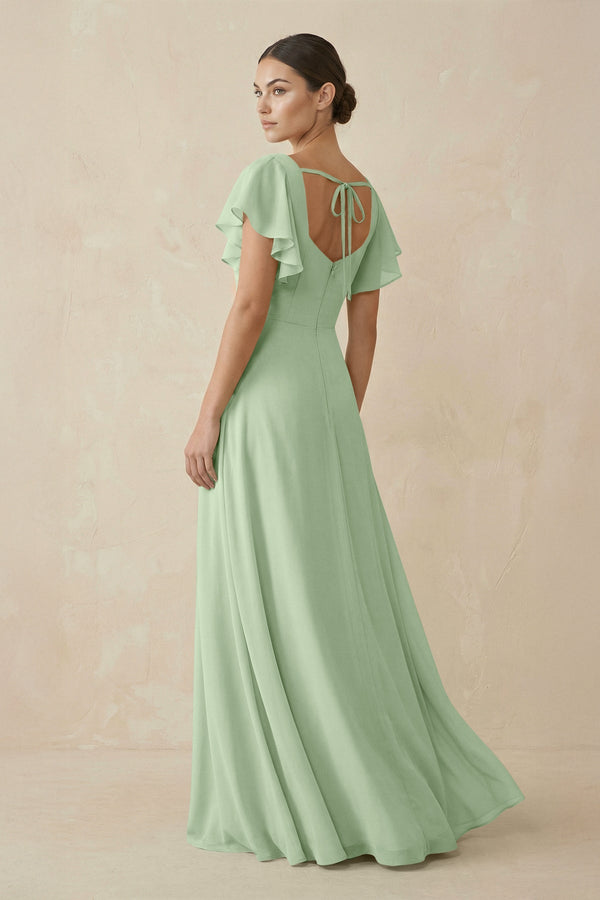 Chiffon A - Line Long Bridesmaid Dress with Flutter Sleeves in Sage - SHE IS ME Bridesmaid Dresses