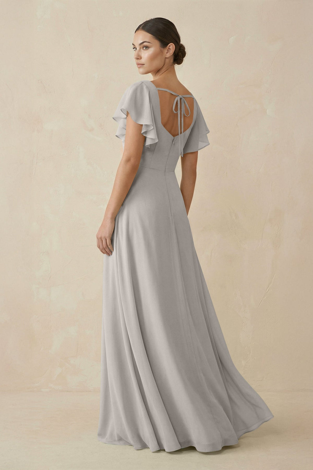Chiffon A - Line Long Bridesmaid Dress with Flutter Sleeves in Silver - SHE IS ME Bridesmaid Dresses