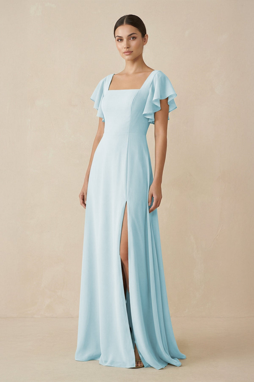 Chiffon A - Line Long Bridesmaid Dress with Flutter Sleeves in Sky Blue - SHE IS ME Bridesmaid Dresses