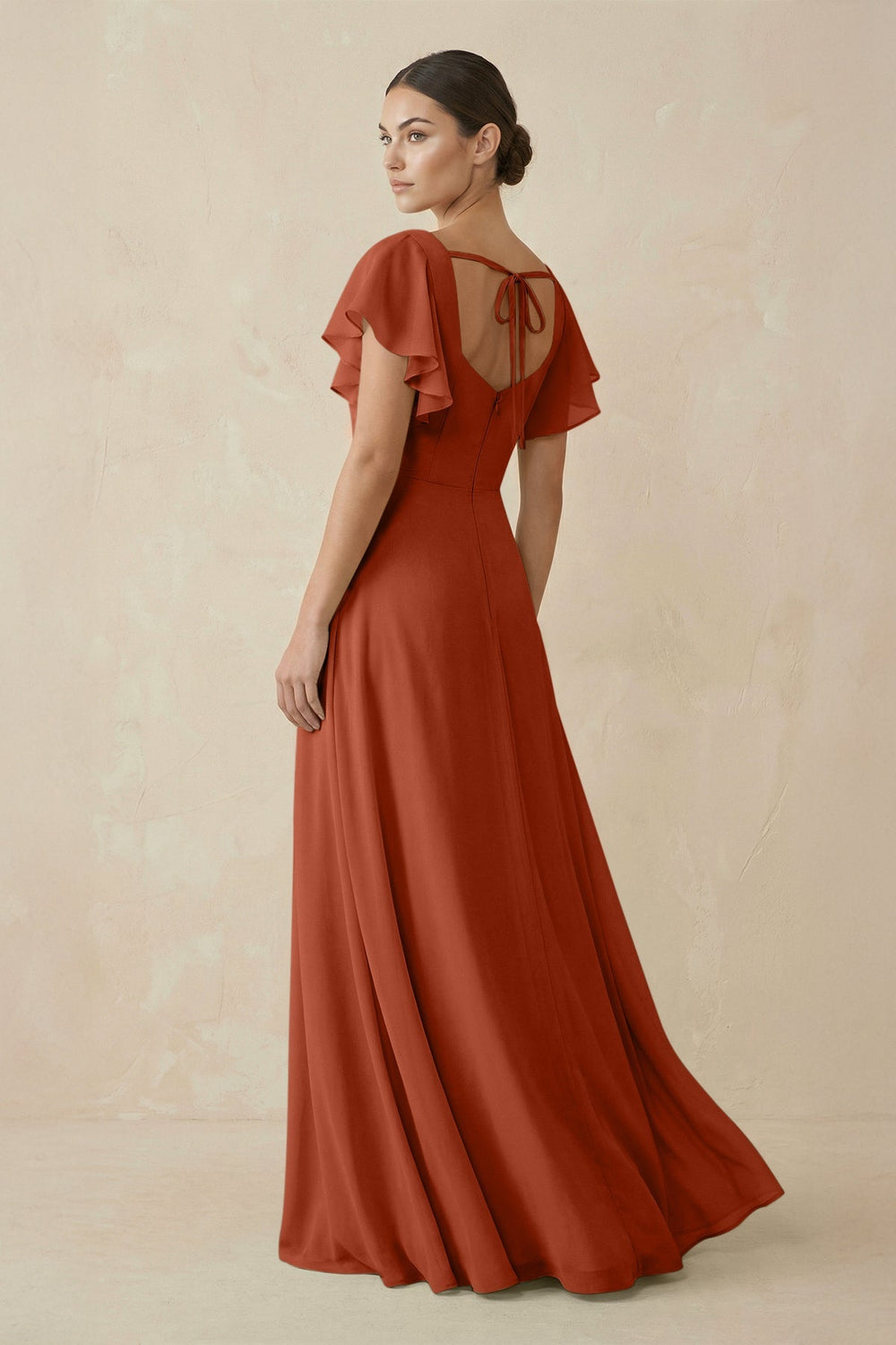 Chiffon A - Line Long Bridesmaid Dress with Flutter Sleeves in Spice - SHE IS ME Bridesmaid Dresses