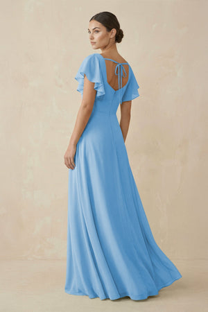 Chiffon A - Line Long Bridesmaid Dress with Flutter Sleeves in Steel Blue - SHE IS ME Bridesmaid Dresses