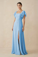 Chiffon A - Line Long Bridesmaid Dress with Flutter Sleeves in Steel Blue - SHE IS ME Bridesmaid Dresses