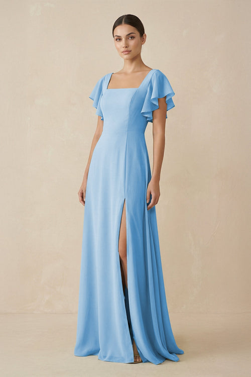 Chiffon A - Line Long Bridesmaid Dress with Flutter Sleeves in Steel Blue - SHE IS ME Bridesmaid Dresses