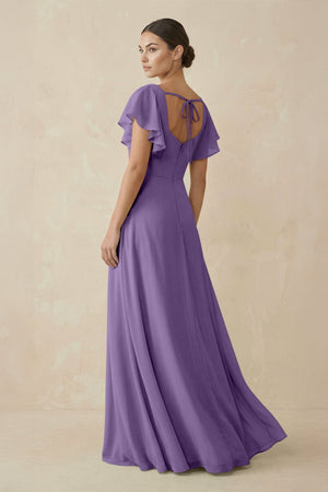 Chiffon A - Line Long Bridesmaid Dress with Flutter Sleeves in Tahiti - SHE IS ME Bridesmaid Dresses