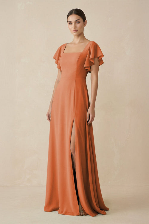 Chiffon A - Line Long Bridesmaid Dress with Flutter Sleeves in Terracotta - SHE IS ME Bridesmaid Dresses
