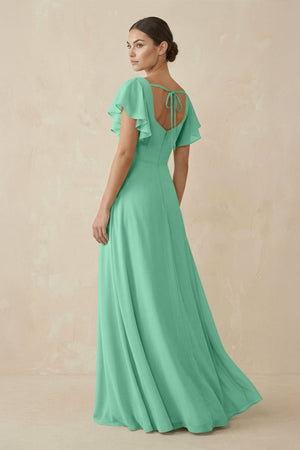 Chiffon A - Line Long Bridesmaid Dress with Flutter Sleeves in Turquoise - SHE IS ME Bridesmaid Dresses