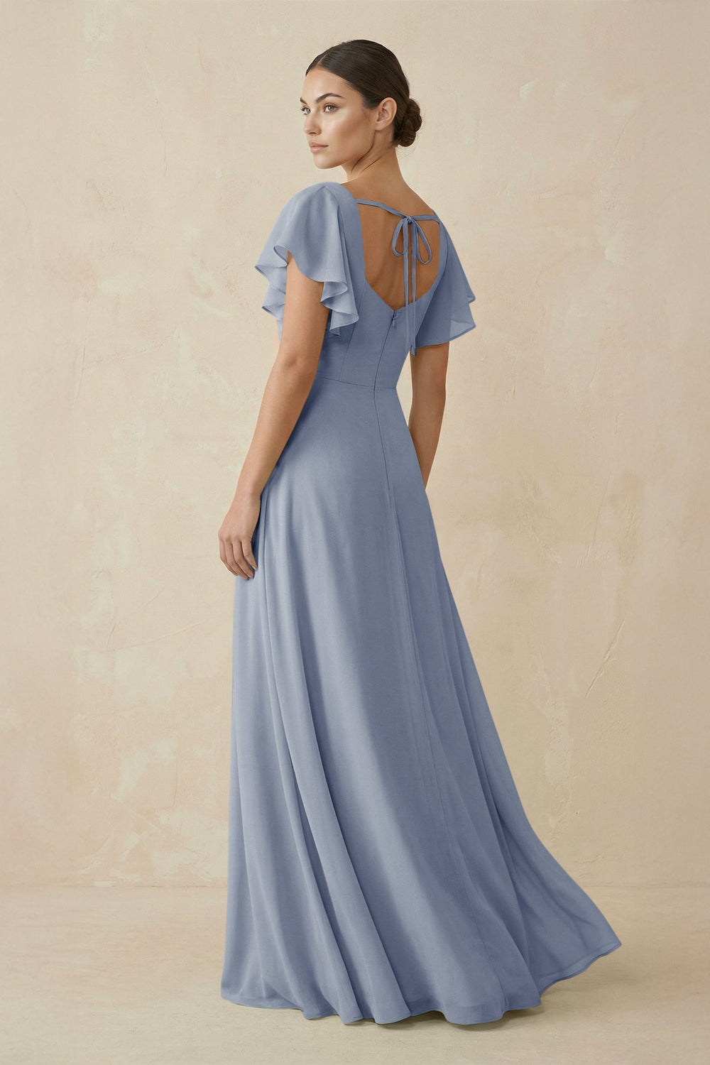 Chiffon A - Line Long Bridesmaid Dress with Flutter Sleeves in Twilight - SHE IS ME Bridesmaid Dresses