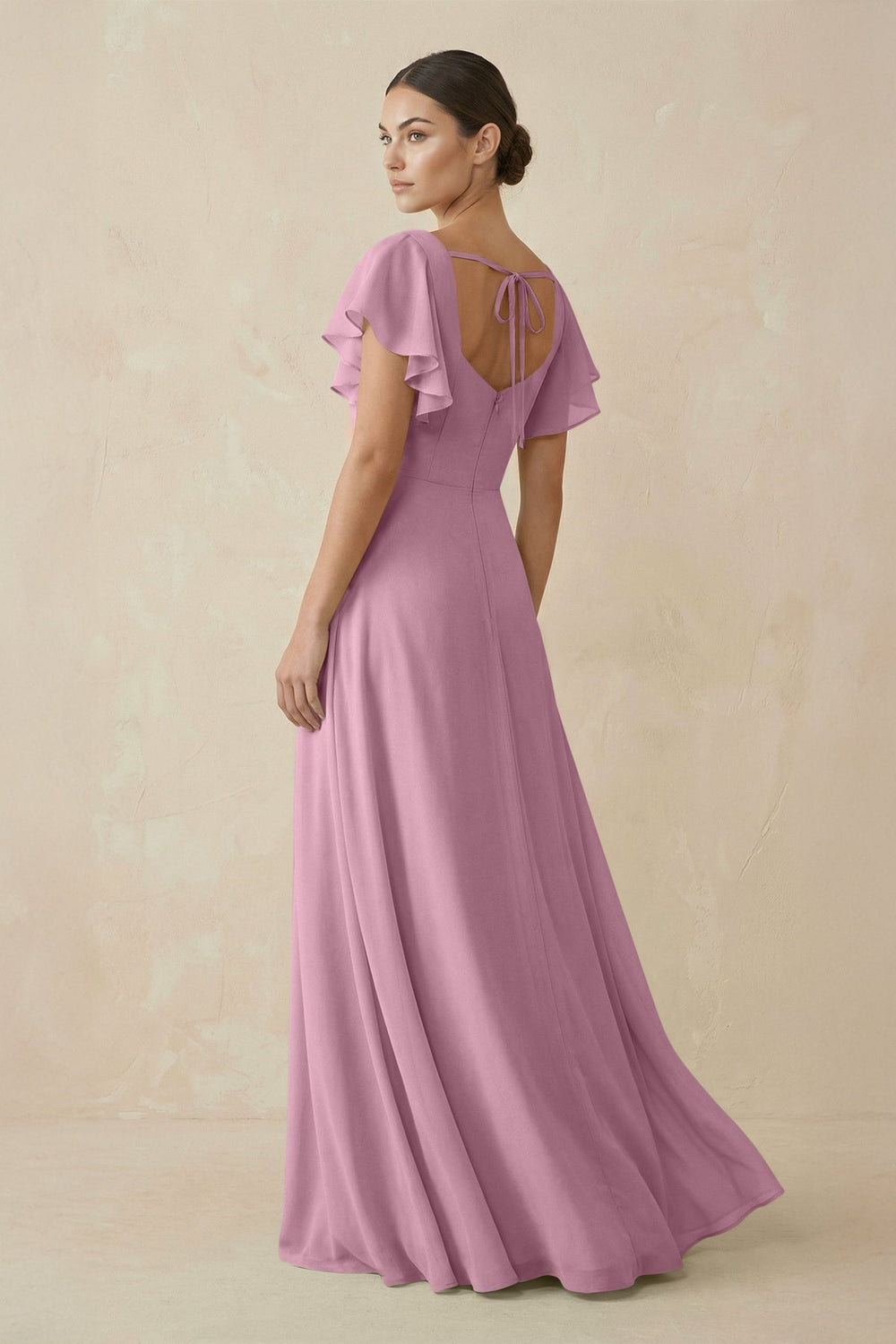 Chiffon A - Line Long Bridesmaid Dress with Flutter Sleeves in Vintage Mauve - SHE IS ME Bridesmaid Dresses