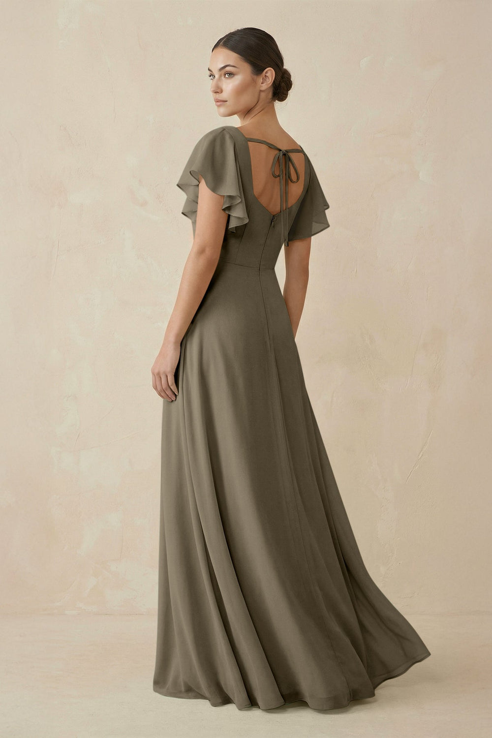 Chiffon A - Line Long Bridesmaid Dress with Flutter Sleeves in Willow Green - SHE IS ME Bridesmaid Dresses