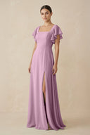 Chiffon A - Line Long Bridesmaid Dress with Flutter Sleeves in Wisteria - SHE IS ME Bridesmaid Dresses