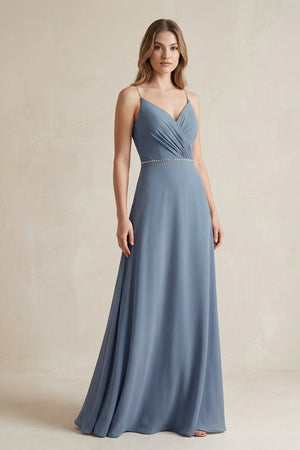 Chiffon A - Line Ruched Cami Strap Bridesmaid Dress in Neptune - SHE IS ME Bridesmaid Dresses