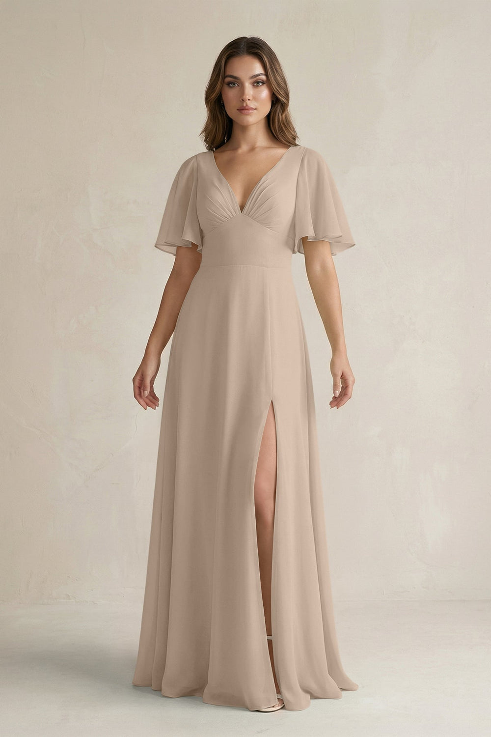 Flutter Sleeve V-Neck A-Line Chiffon Bridesmaid Dress in Almond