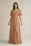 Flutter Sleeve V-Neck A-Line Chiffon Bridesmaid Dress in Bronzer