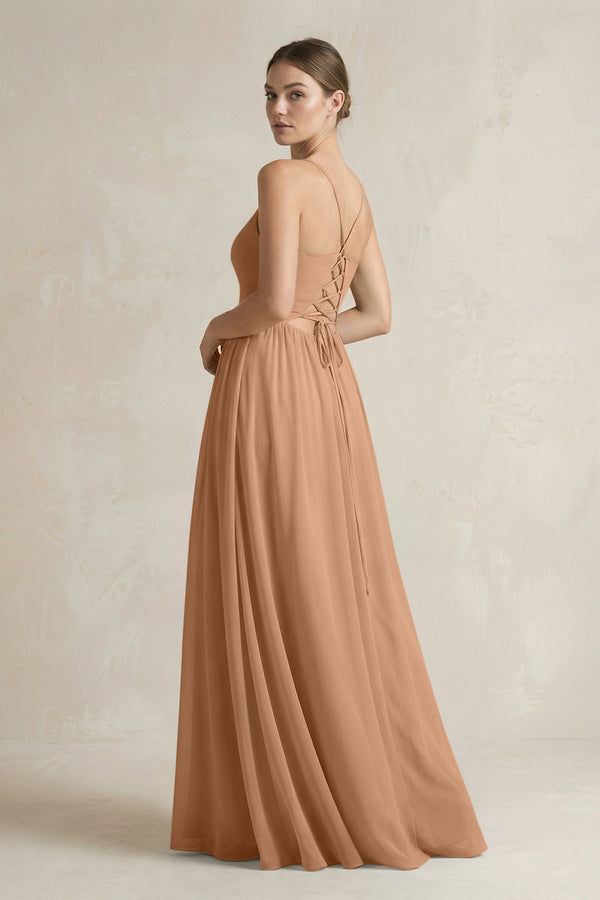 A-Line Spaghetti Strap Chiffon Bridesmaid Dress in Bronzer - SHE IS ME BRIDESMAID DRESSES